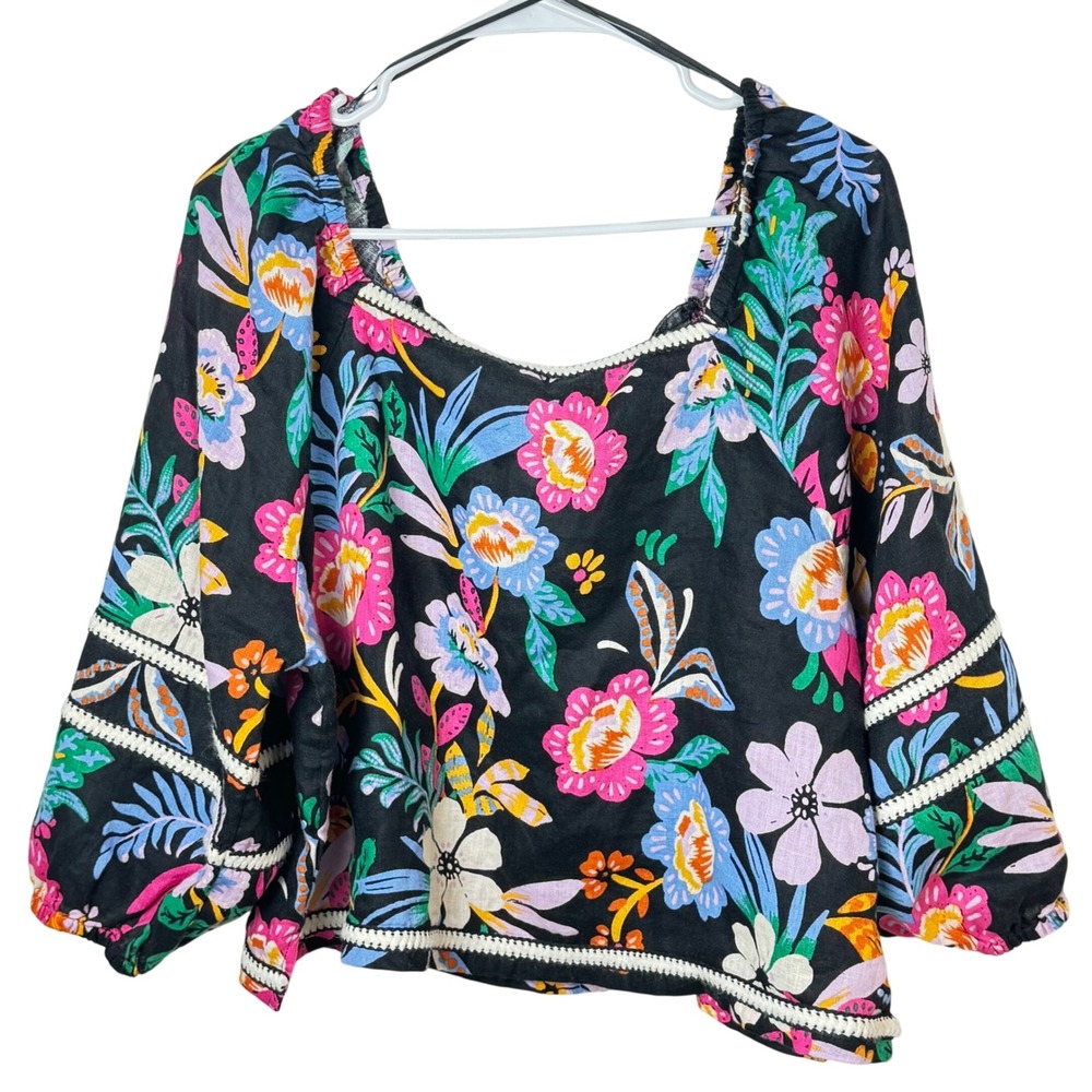 C&C California Blouse XL Black Floral 100% Linen Crochet Trim Puff Sleeve Square
